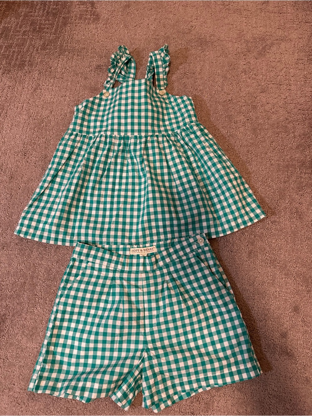 Hope and Henry girls teal Gingham Shorts set top size /large shorts size 10